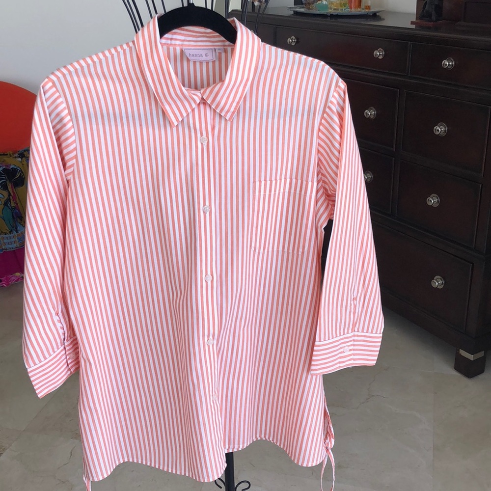 CORAL/WHITE STRIPE LONG LENGTH BUTTON DOWN